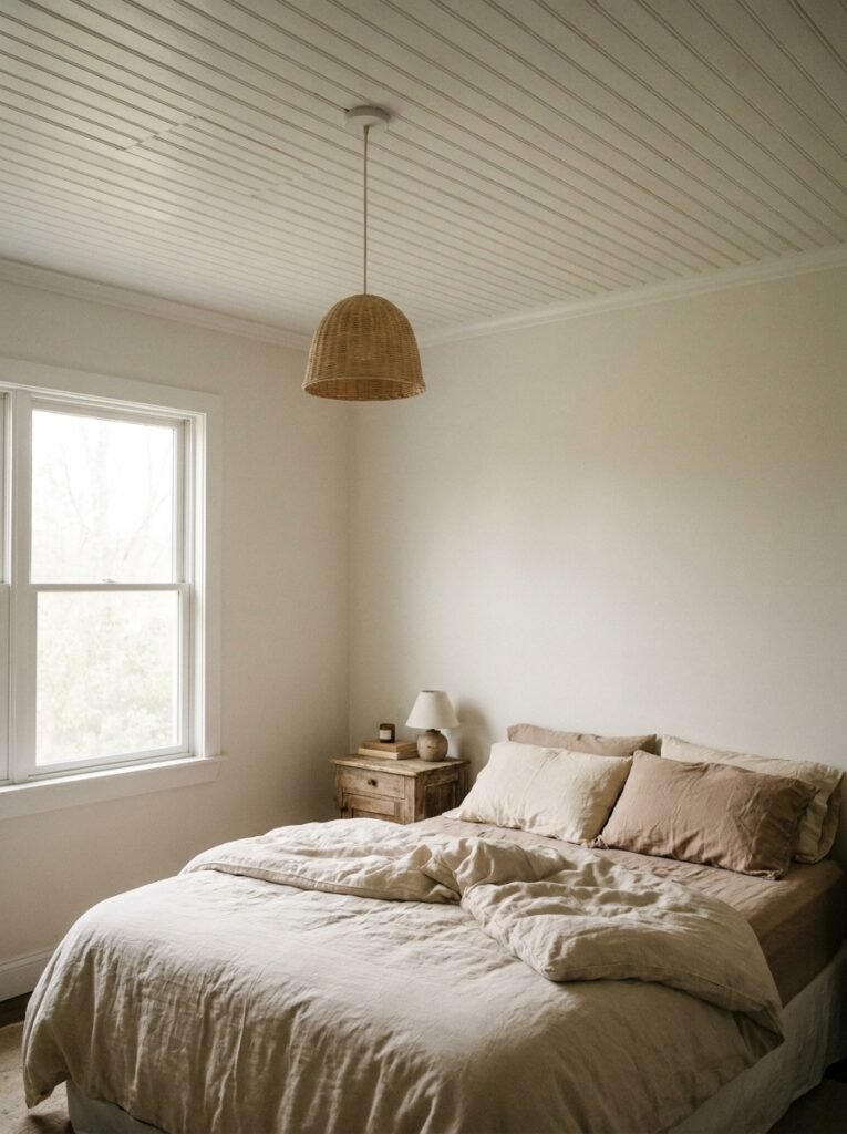 bedroom with a white painted beadboard ceiling and pendant light