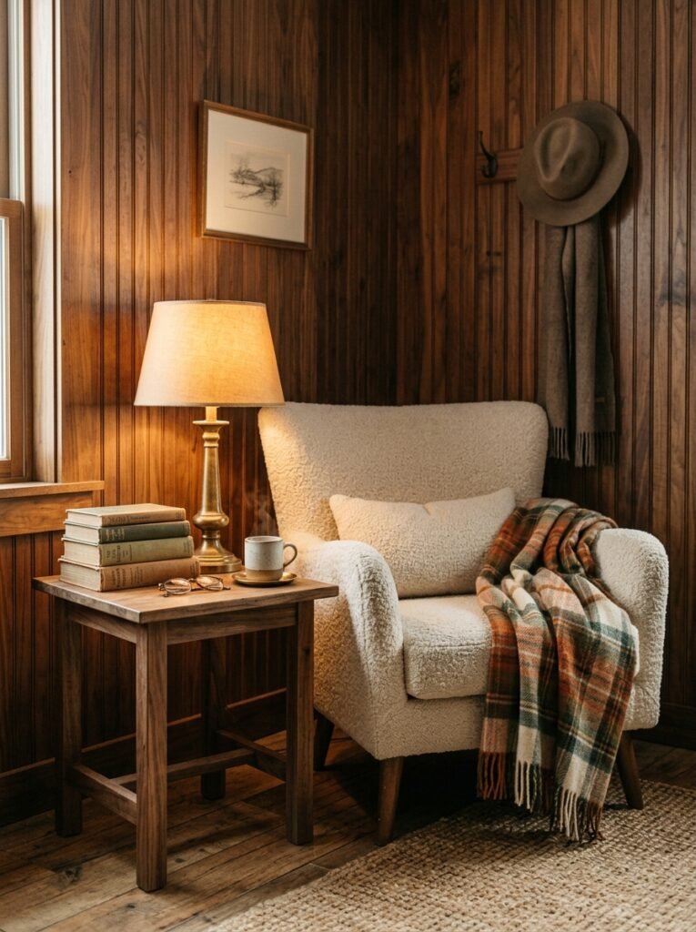cozy room with natural stained walnut beadboard walls