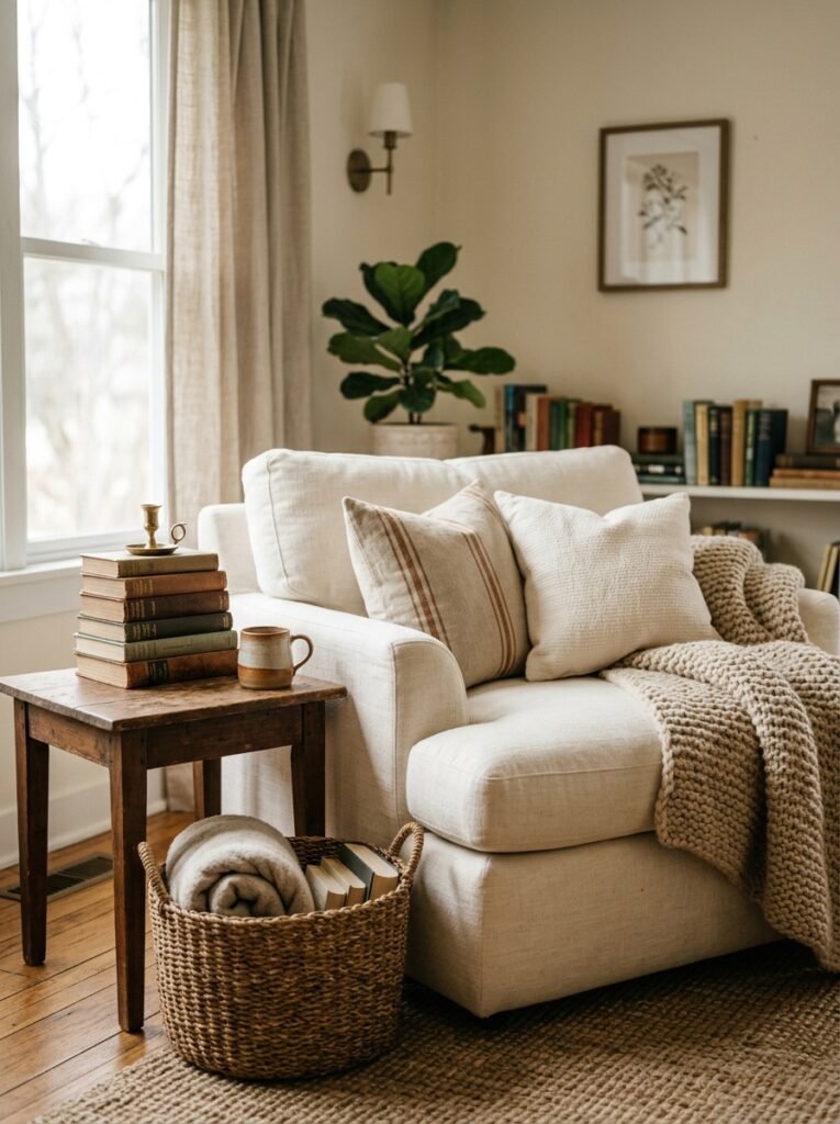 oversized cream chair-and-a-half with plush cushions and a throw blanket