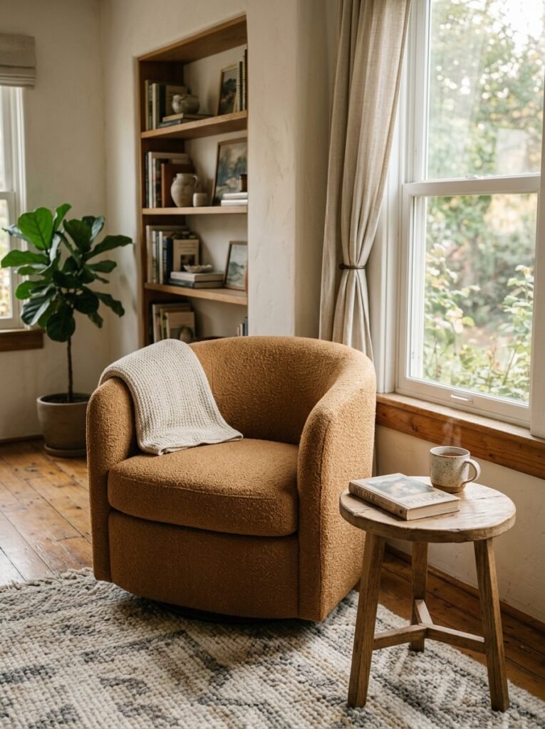 caramel barrel swivel chair angled toward a window