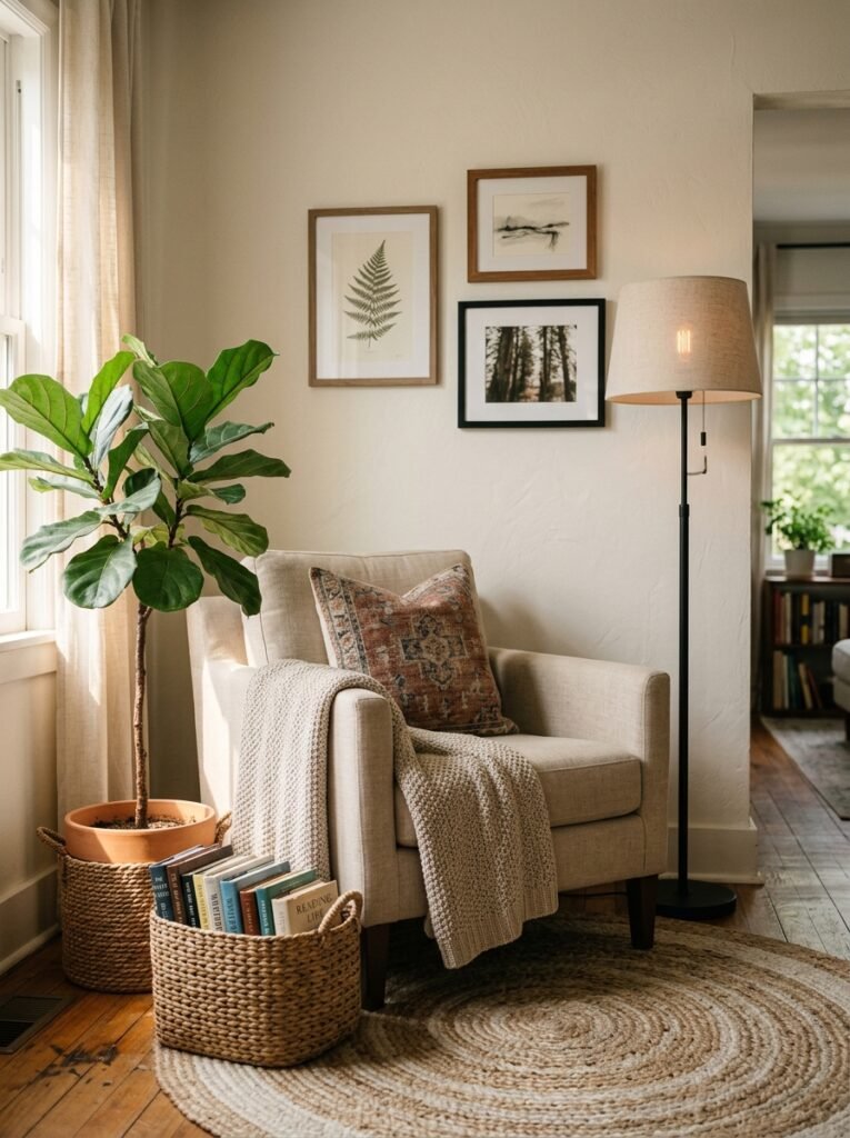 cozy reading nook with an armchair, rug, plant, book basket and wall art