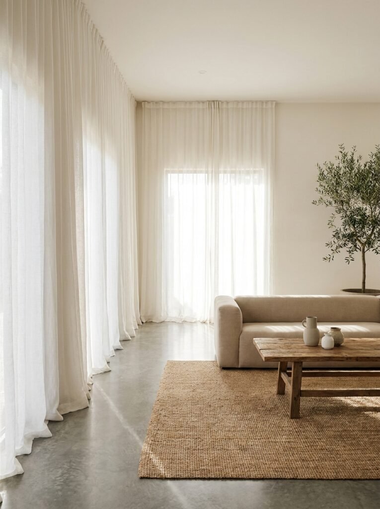 minimalist living room with sheer white linen curtains