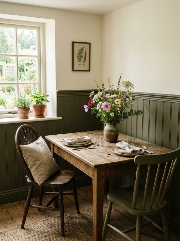 dining nook with two-tone olive green beadboard and white walls
