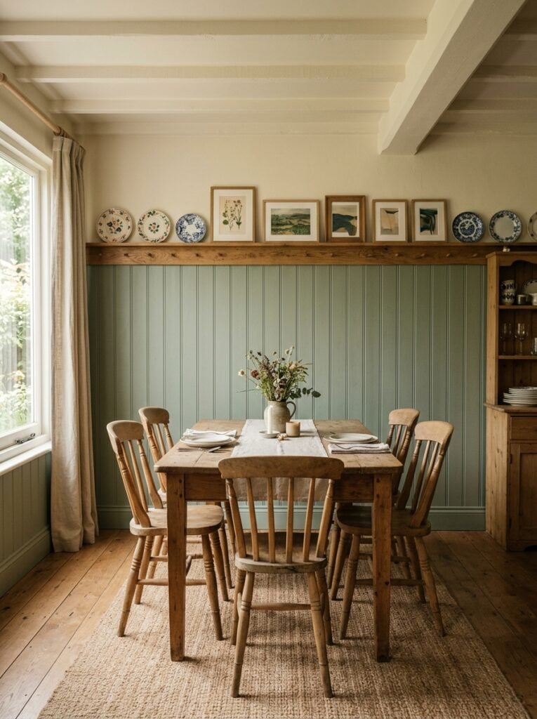 dining room with tall two-thirds height beadboard wainscoting and a shelf ledge