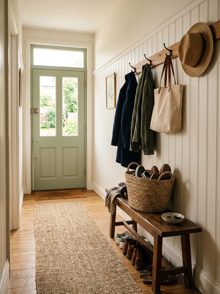 entryway with beadboard wainscoting, a hook rail and a wooden bench