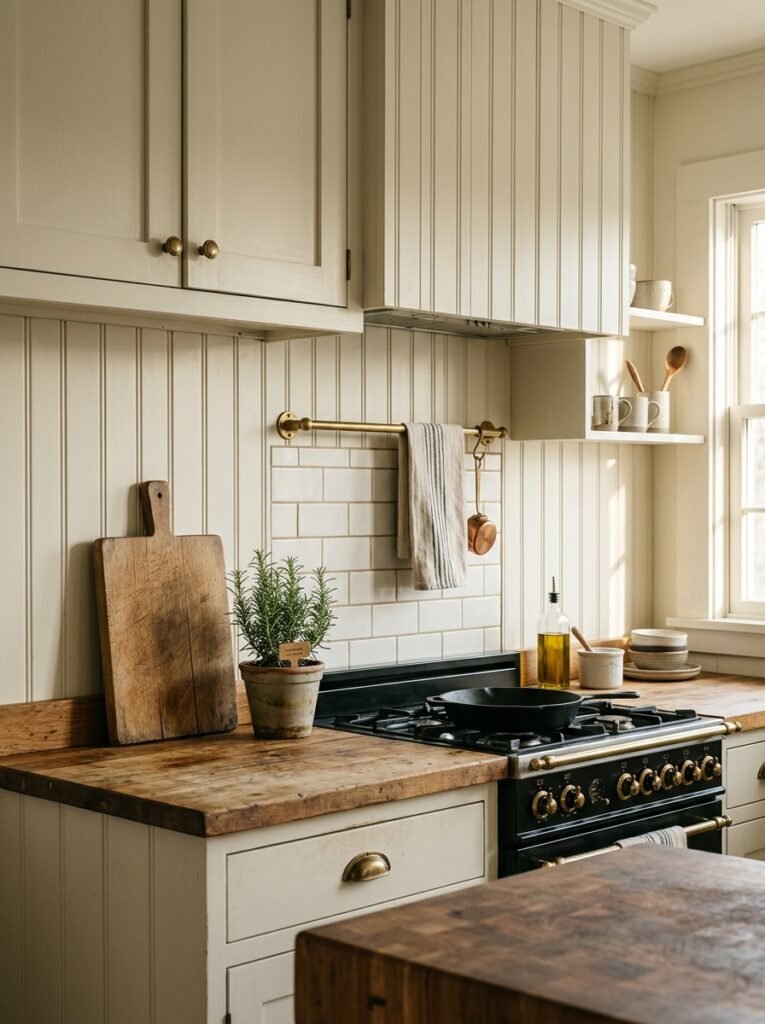 farmhouse kitchen with a white beadboard backsplash and butcher block counters