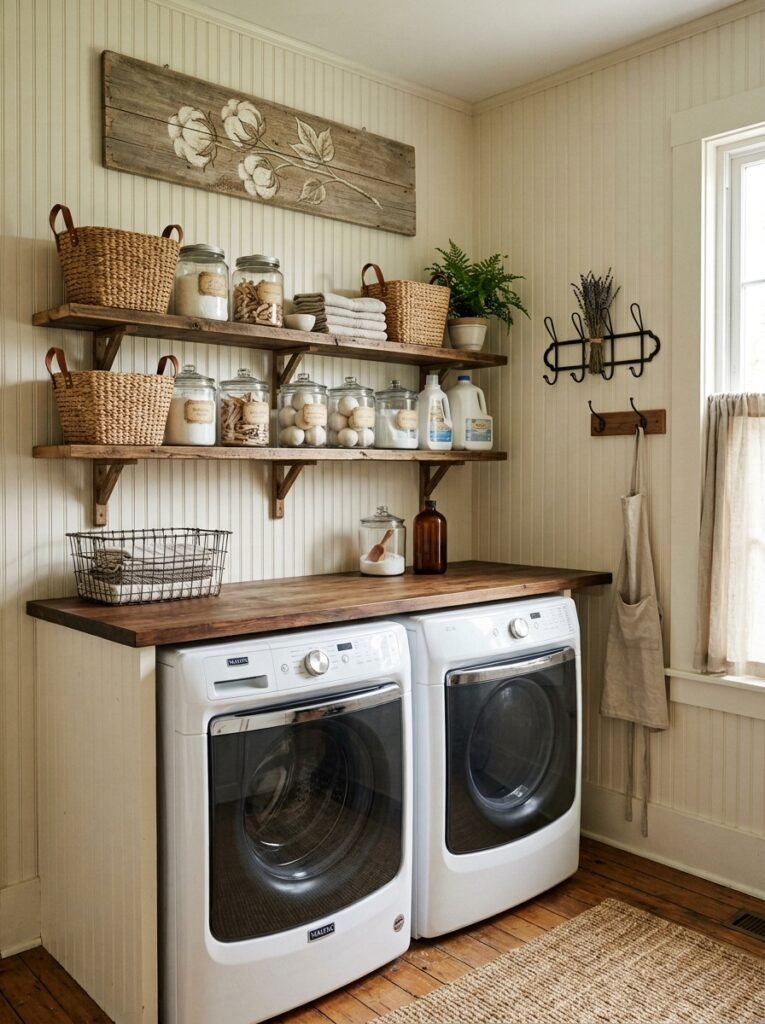 farmhouse laundry room with white beadboard walls and open shelves