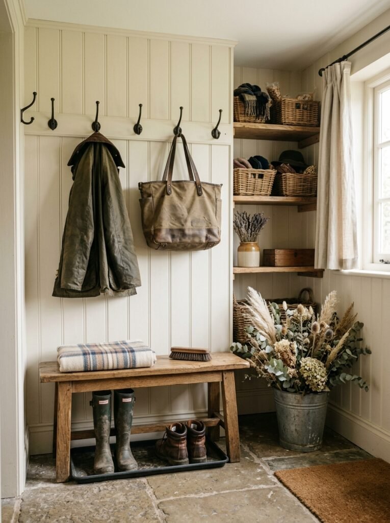 farmhouse mudroom with white beadboard walls and black iron hooks