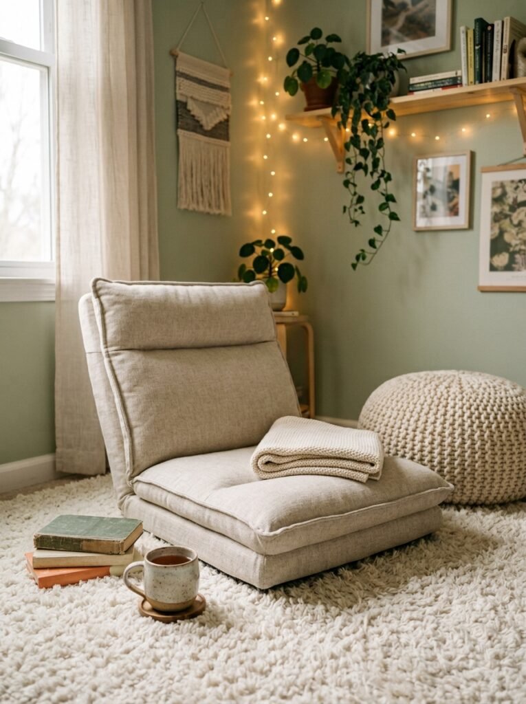 cushioned floor chair with a pouf on a fluffy rug