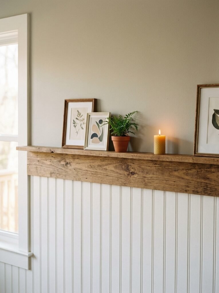 beadboard wainscoting topped with a picture ledge of framed prints