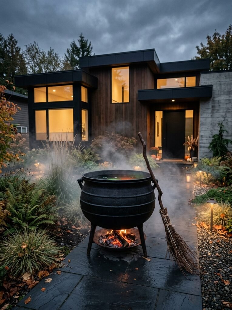 giant cauldron yard display with a broom, spell book and fog