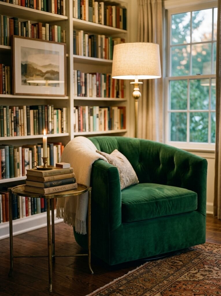 emerald green velvet barrel chair with a brass side table