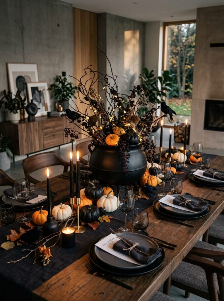 cauldron centerpiece with black branches and mini pumpkins on a Halloween table