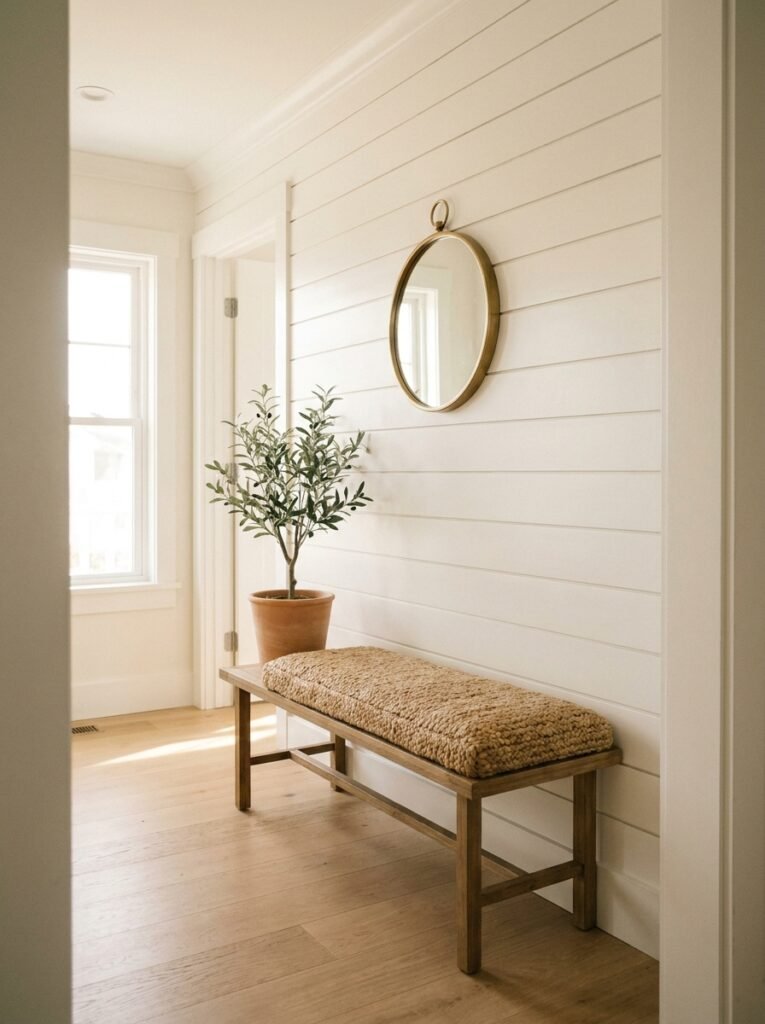 hallway with horizontal white beadboard on an accent wall