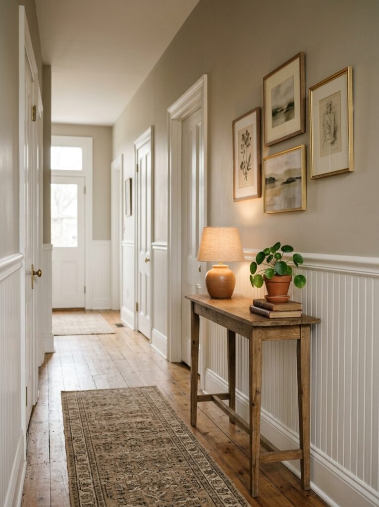 hallway with chair rail height white beadboard wainscoting