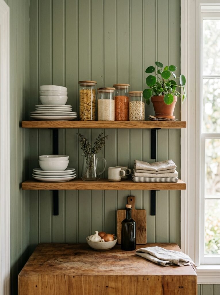 open wooden shelves on a sage green beadboard wall in a kitchen