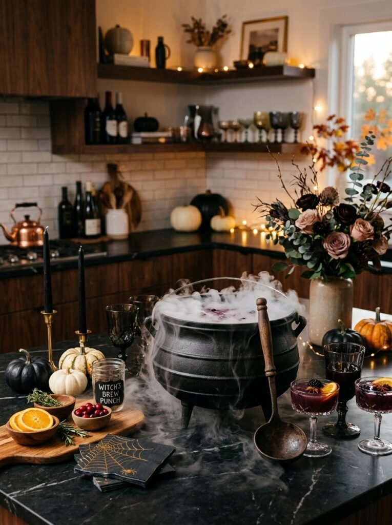 foggy cauldron punch bowl with a ladle on a party table