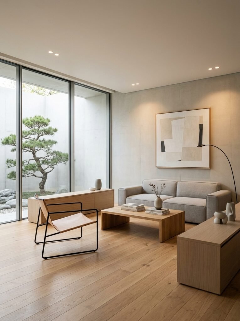 minimalist living room with clean-lined oak and black metal furniture