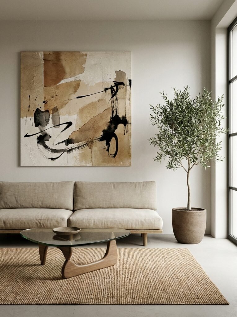 large abstract artwork above a sofa in a minimalist living room