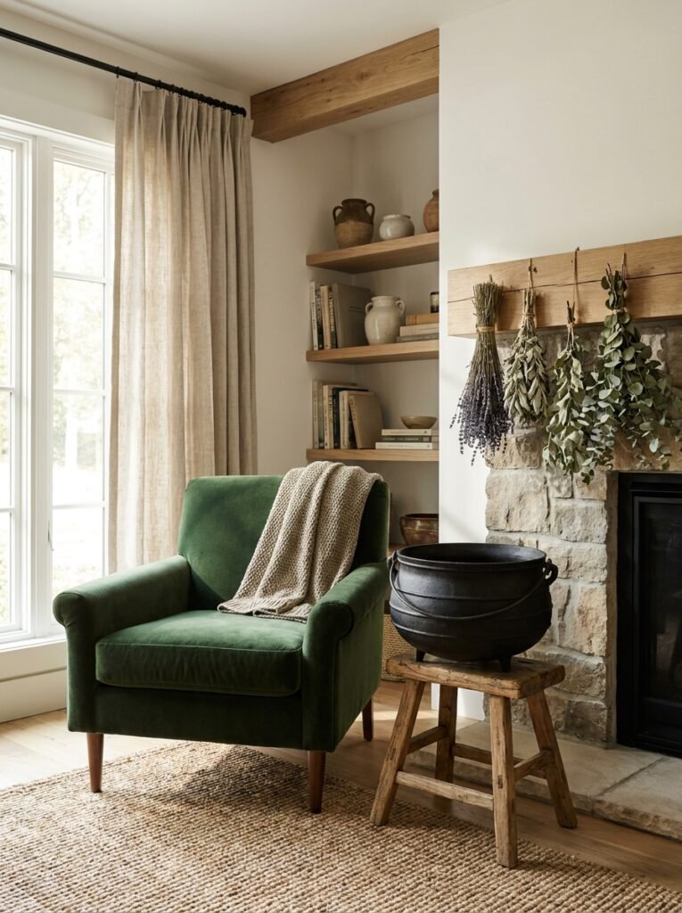 cozy witchy corner with a cauldron, velvet armchair and dried herbs
