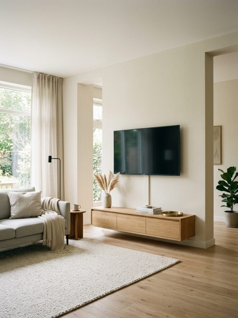minimalist living room with hidden TV cables and a cord cover