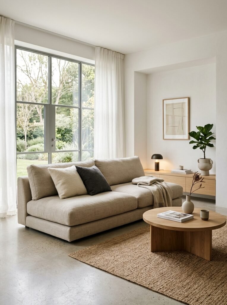 minimalist living room with a low-profile oatmeal linen sofa
