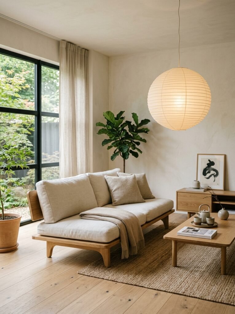 Japandi minimalist living room with a low wooden sofa and paper lantern