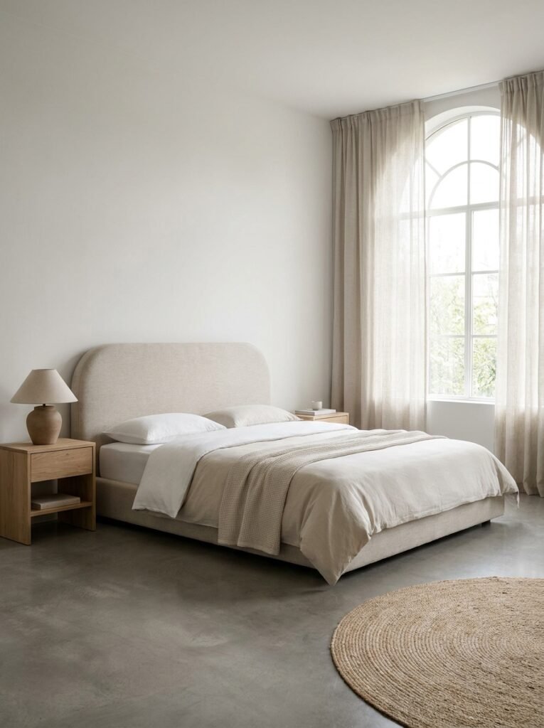 minimalist bed with a simple upholstered linen headboard