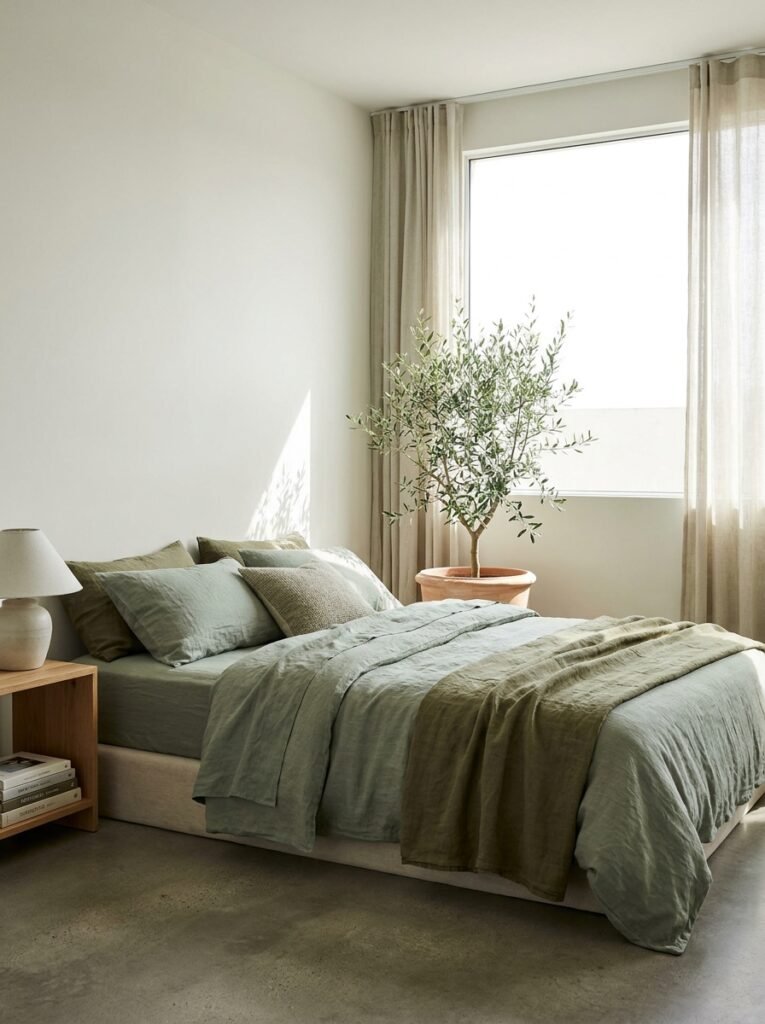 minimalist bedroom with monochrome sage bedding in one color