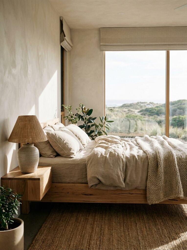earthy organic minimalist bedroom with linen, clay and wood