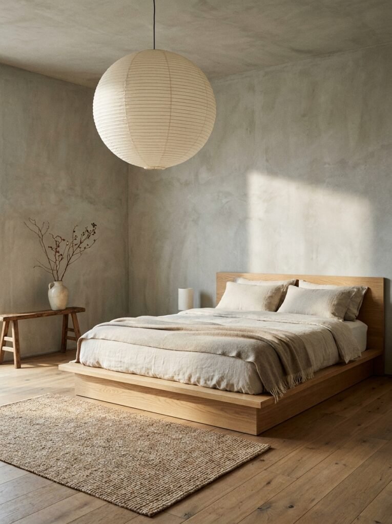 Japandi minimalist bedroom with a low wooden bed and paper lantern
