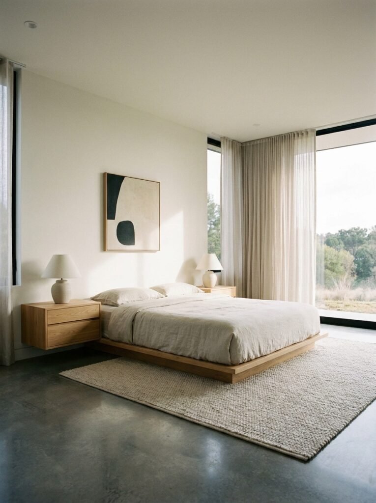 minimalist bedroom with floating wooden nightstands