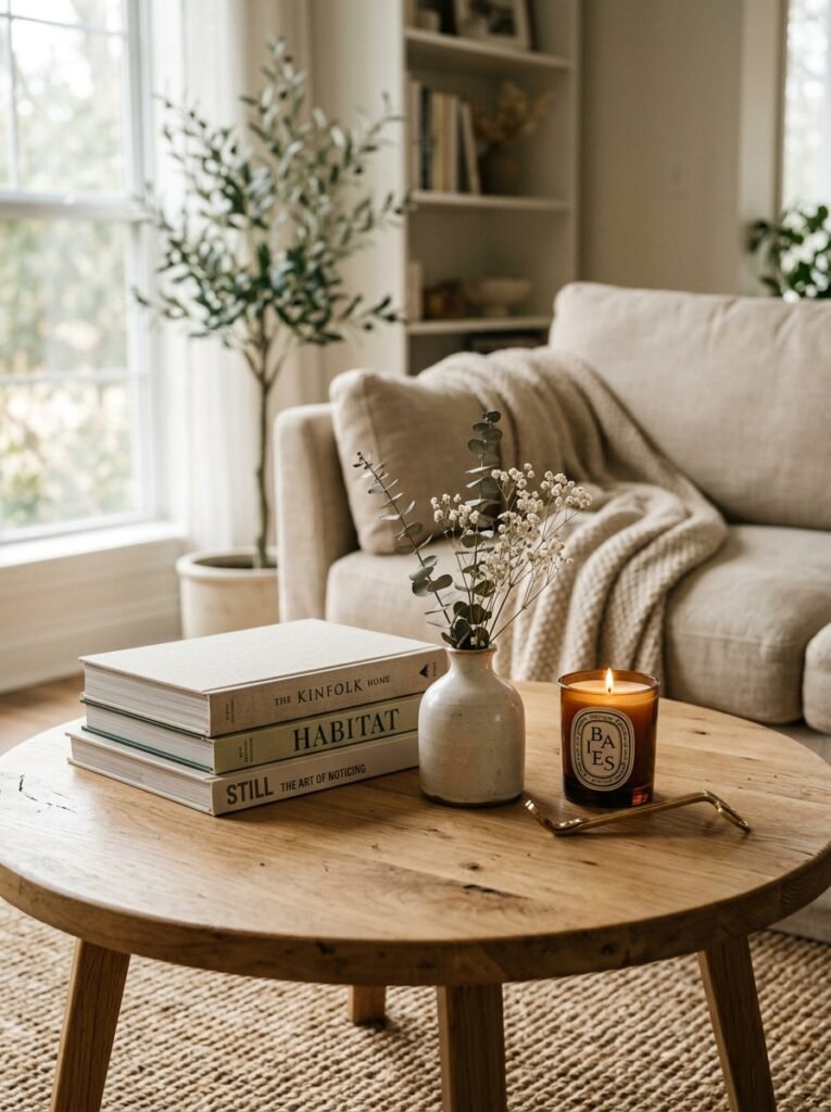minimalist coffee table styled with books, a small vase and a candle
