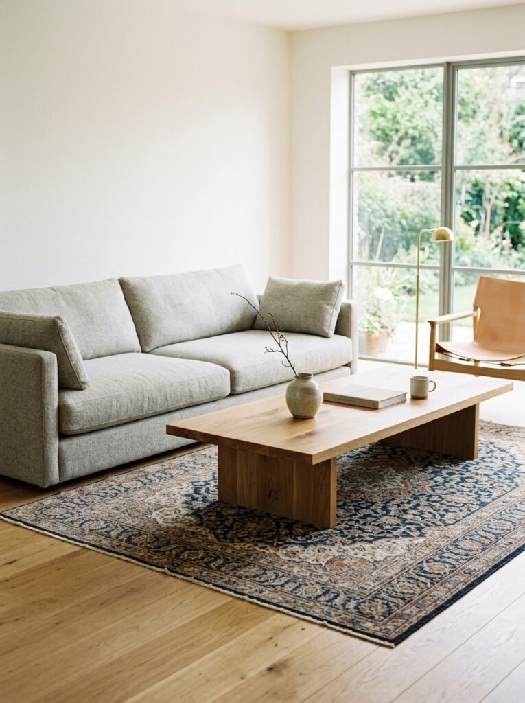 minimalist living room with a cream wool sofa and solid walnut coffee table