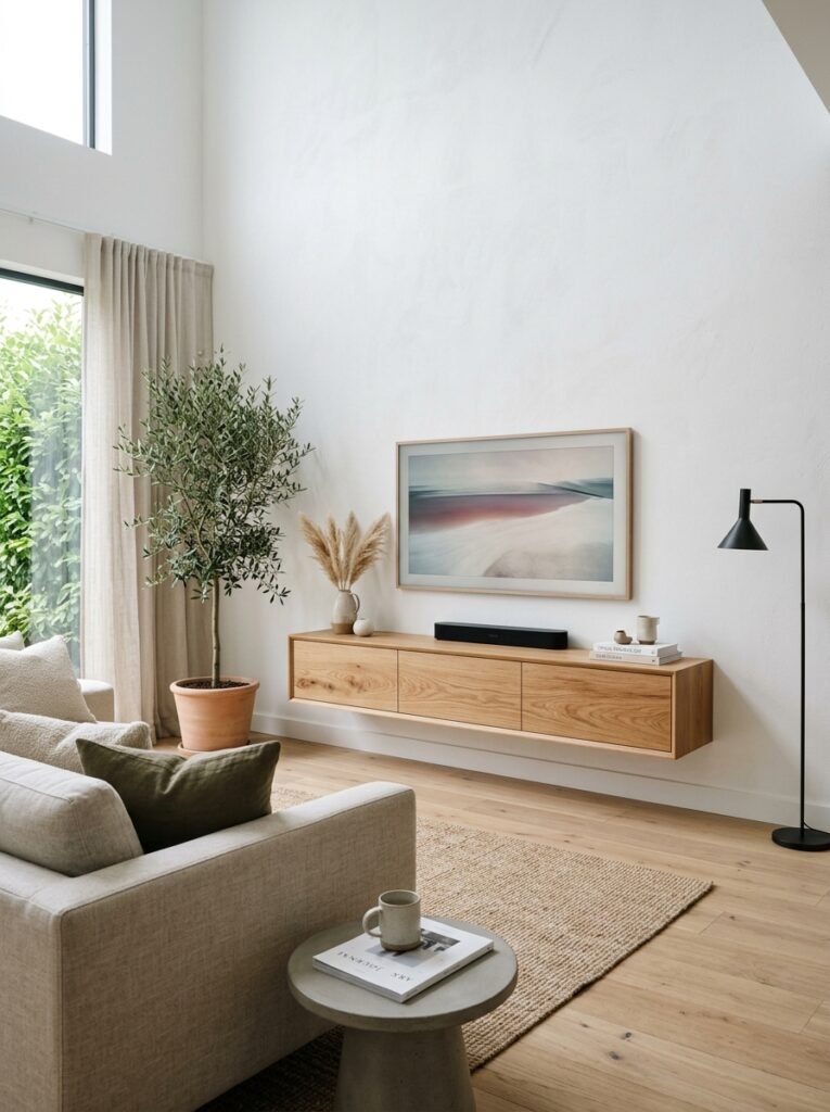 floating oak media console with a wall-mounted TV