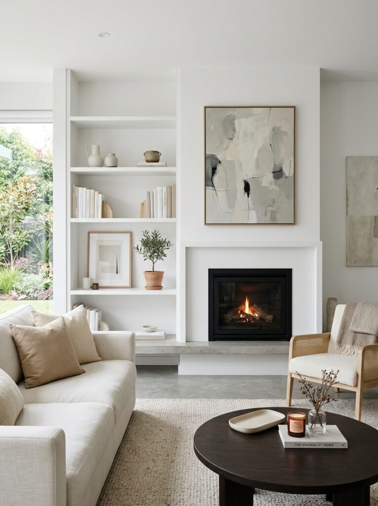 white built-in shelves beside a fireplace in a minimalist living room