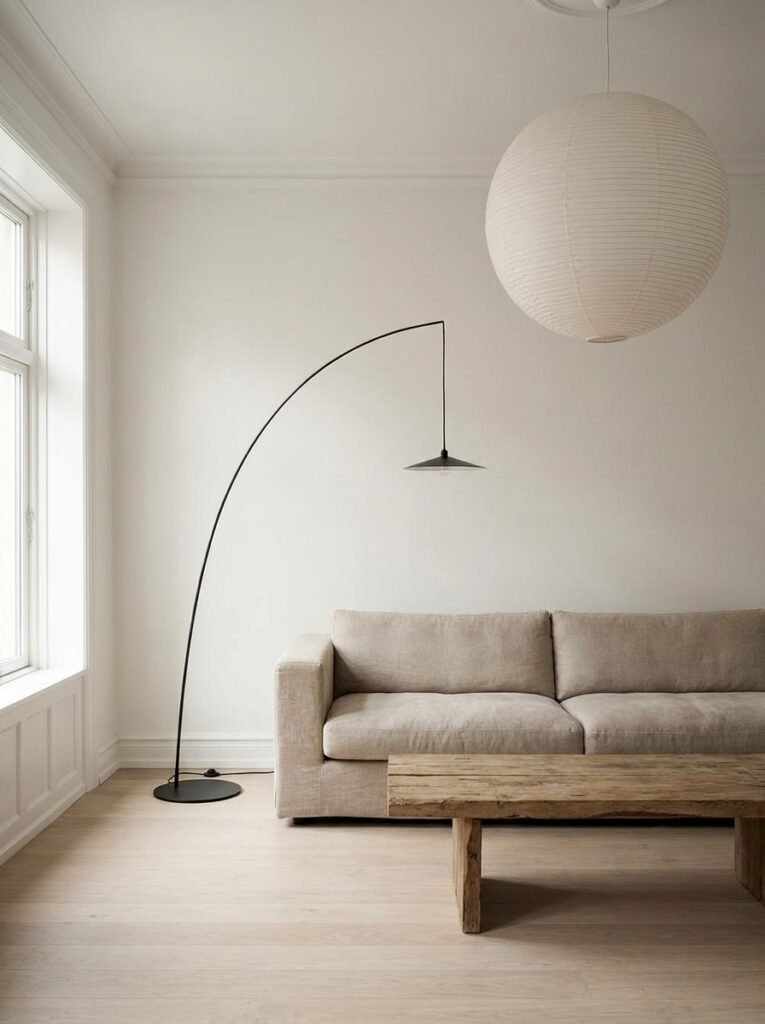 minimalist living room with a paper lantern pendant and arc floor lamp