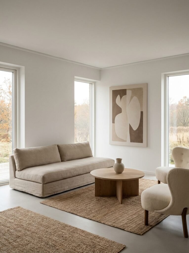 minimalist living room with soft white walls, a greige sofa and light oak furniture