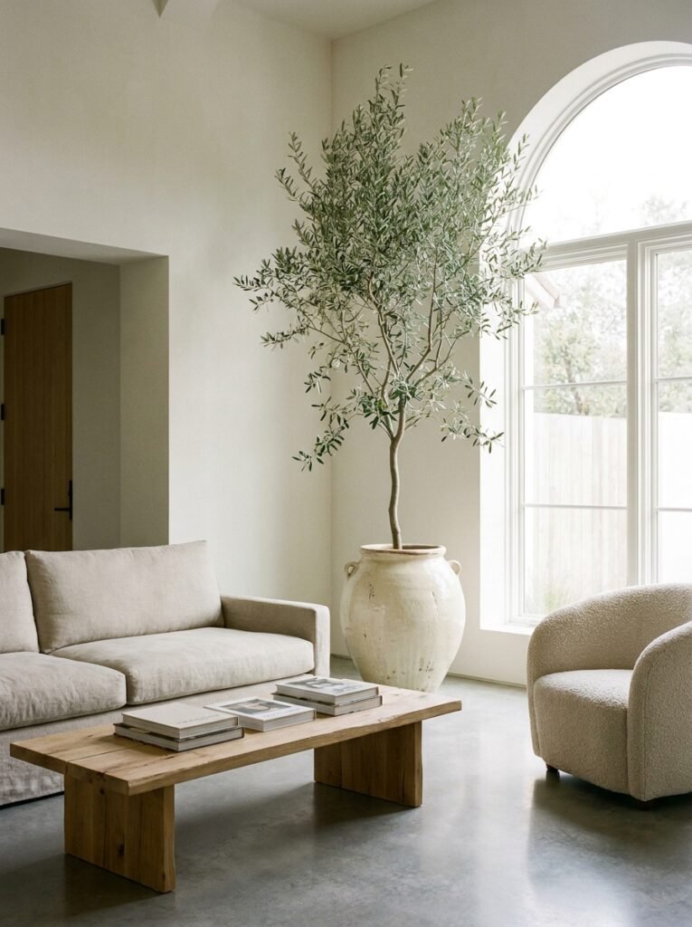 tall olive tree in a ceramic pot in a minimalist living room