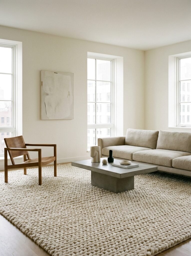 minimalist living room with a large textured cream wool rug