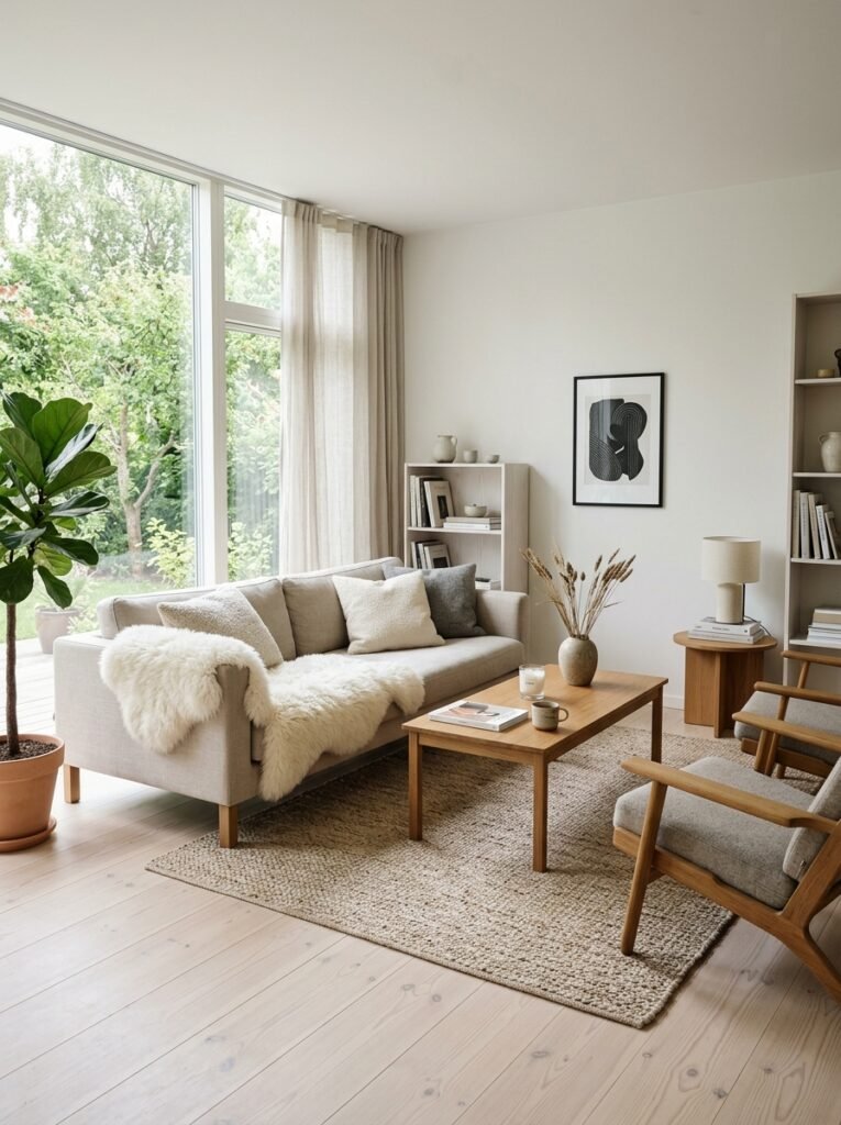 bright Scandinavian minimalist living room with pale wood floors