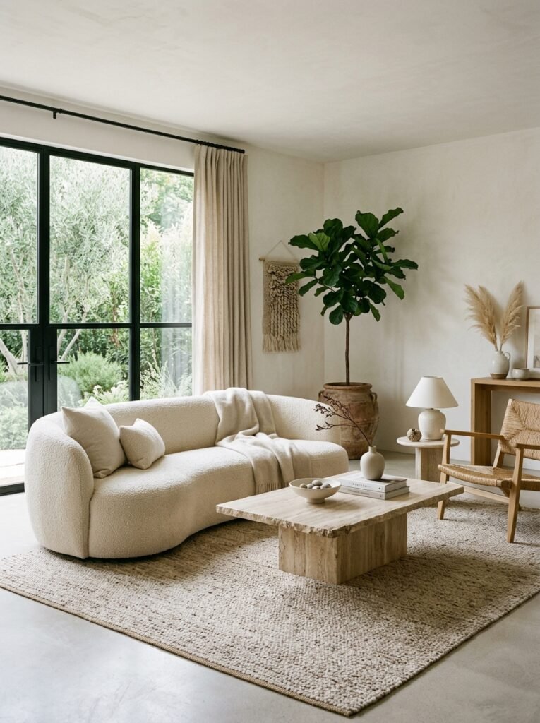 organic minimalist living room with a curved boucle sofa and travertine table