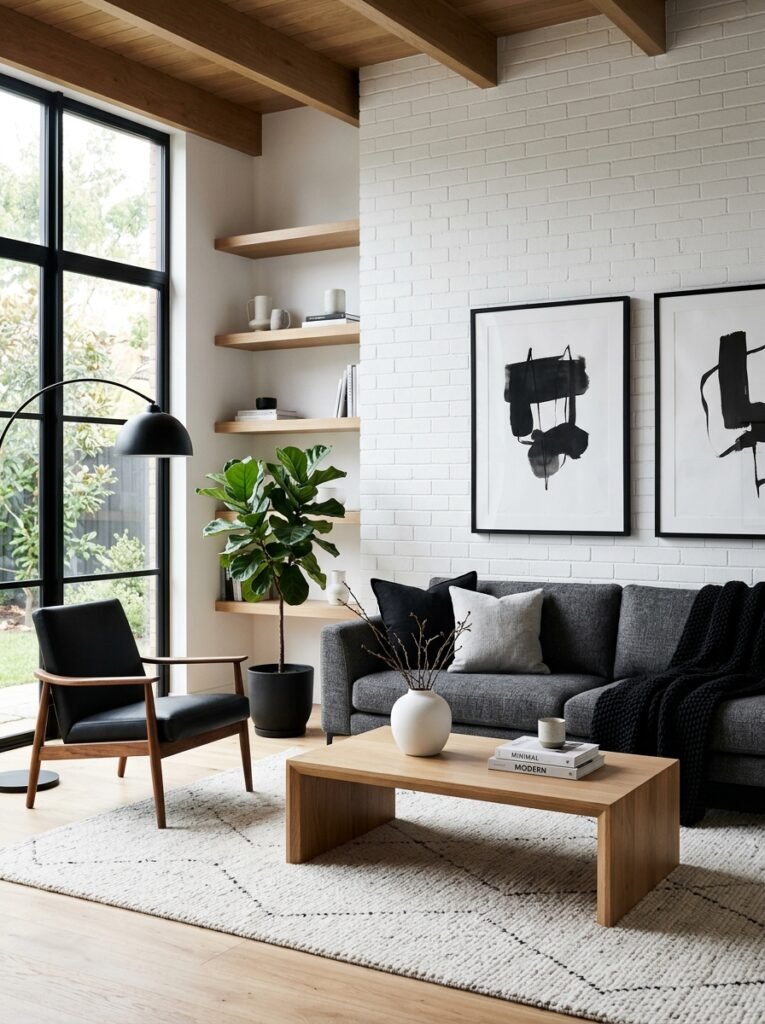 black and white minimalist living room with a charcoal sofa
