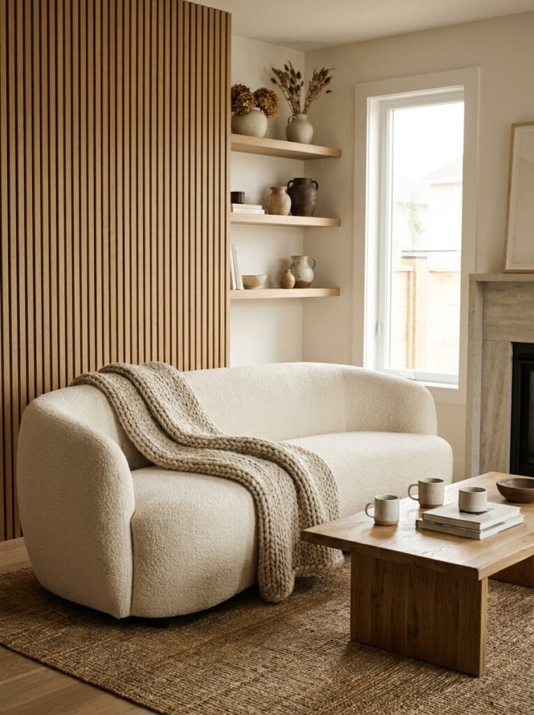 cozy minimalist living room with a boucle sofa and chunky knit throw