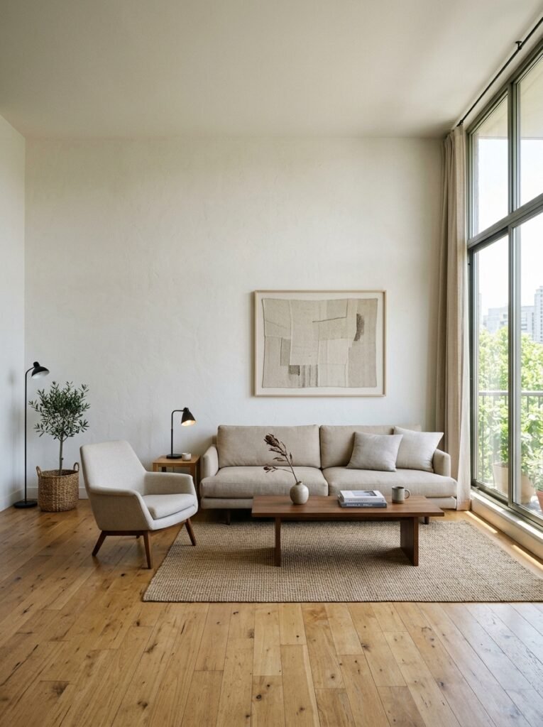 spacious minimalist living room with lots of negative space