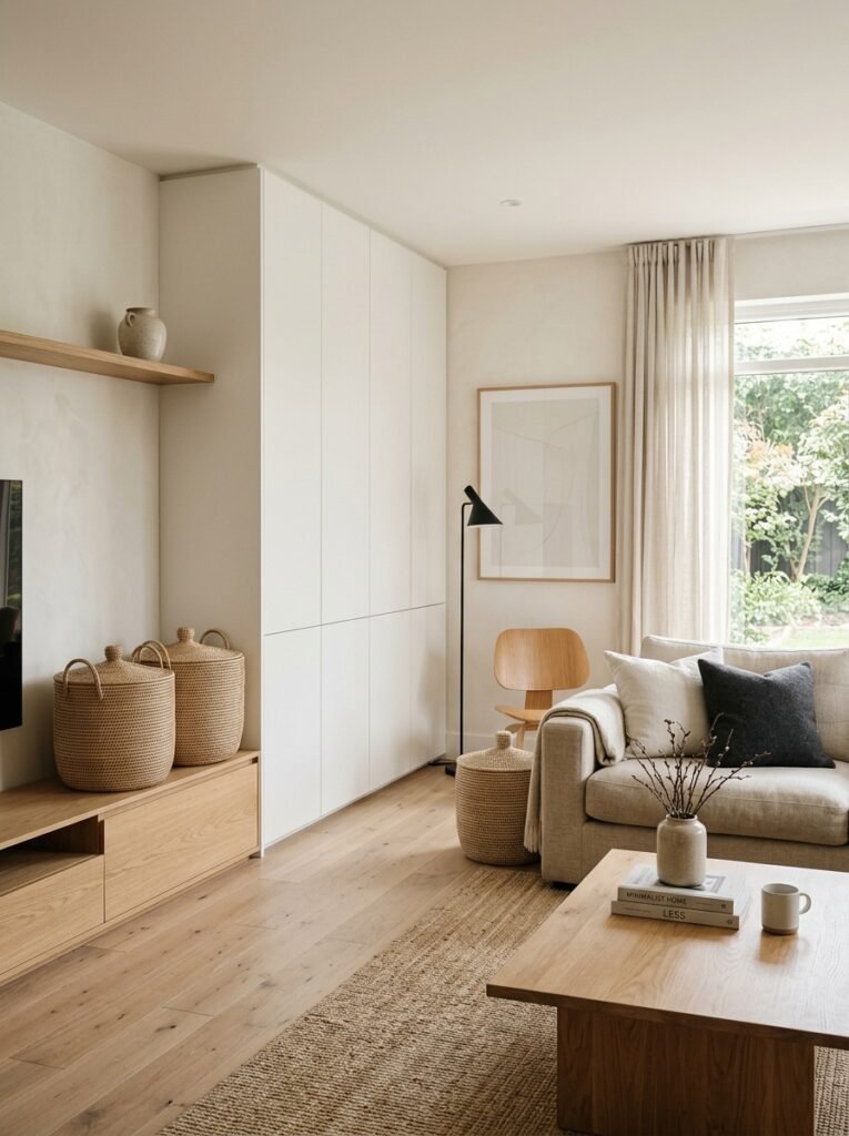 minimalist living room with hidden storage cabinets and lidded baskets