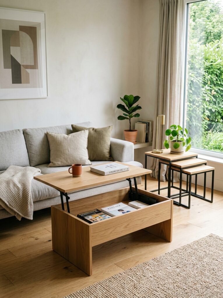 minimalist living room with nesting tables and a lift-top coffee table