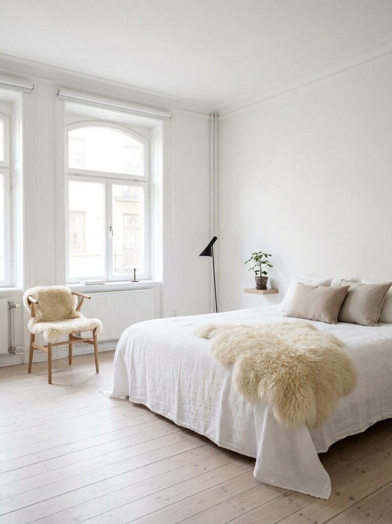 bright Scandinavian minimalist bedroom with pale wood and a sheepskin