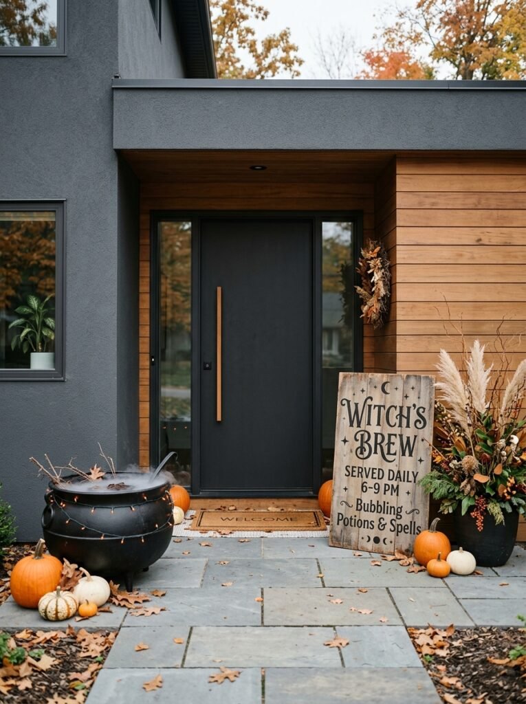 cauldron with a rustic wooden witch's brew sign