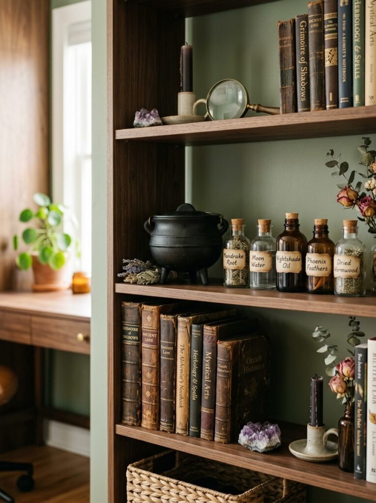 mini cauldron with spell books and potion bottles on a bookshelf